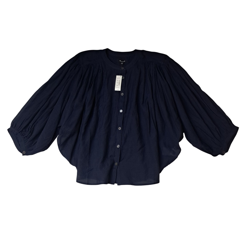NWT Madewell Balloon Sleeve Top Womens Medium Navy Blue Button Up Basic Staple
